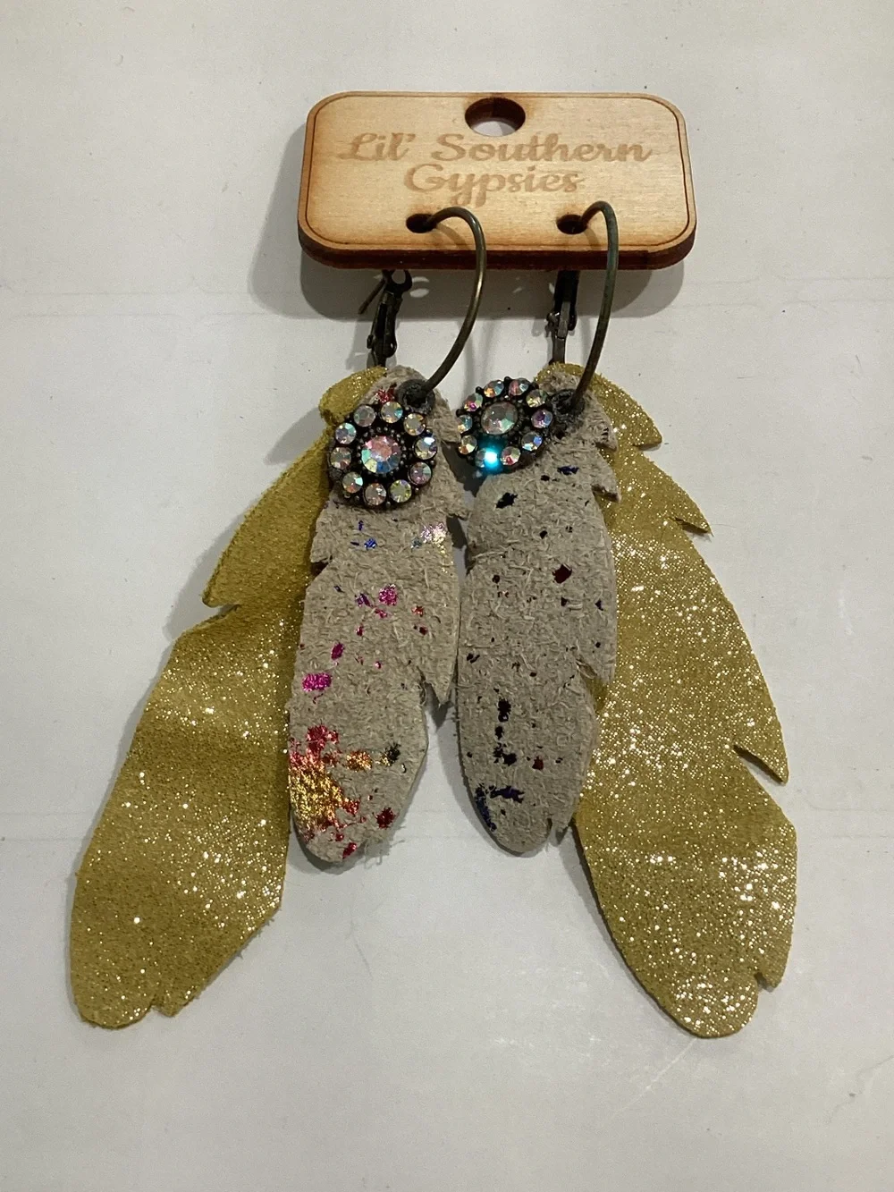 Gold & Gray Feather Drop Earrings